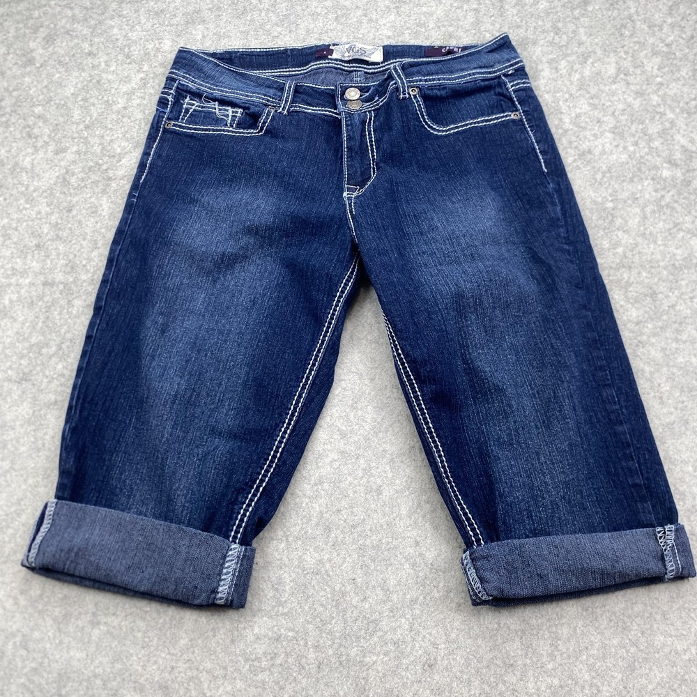 VGS Capri Jeans Womens 8 (30x14) Blue Dark Wash Embroidered Cuffed Stretch Denim